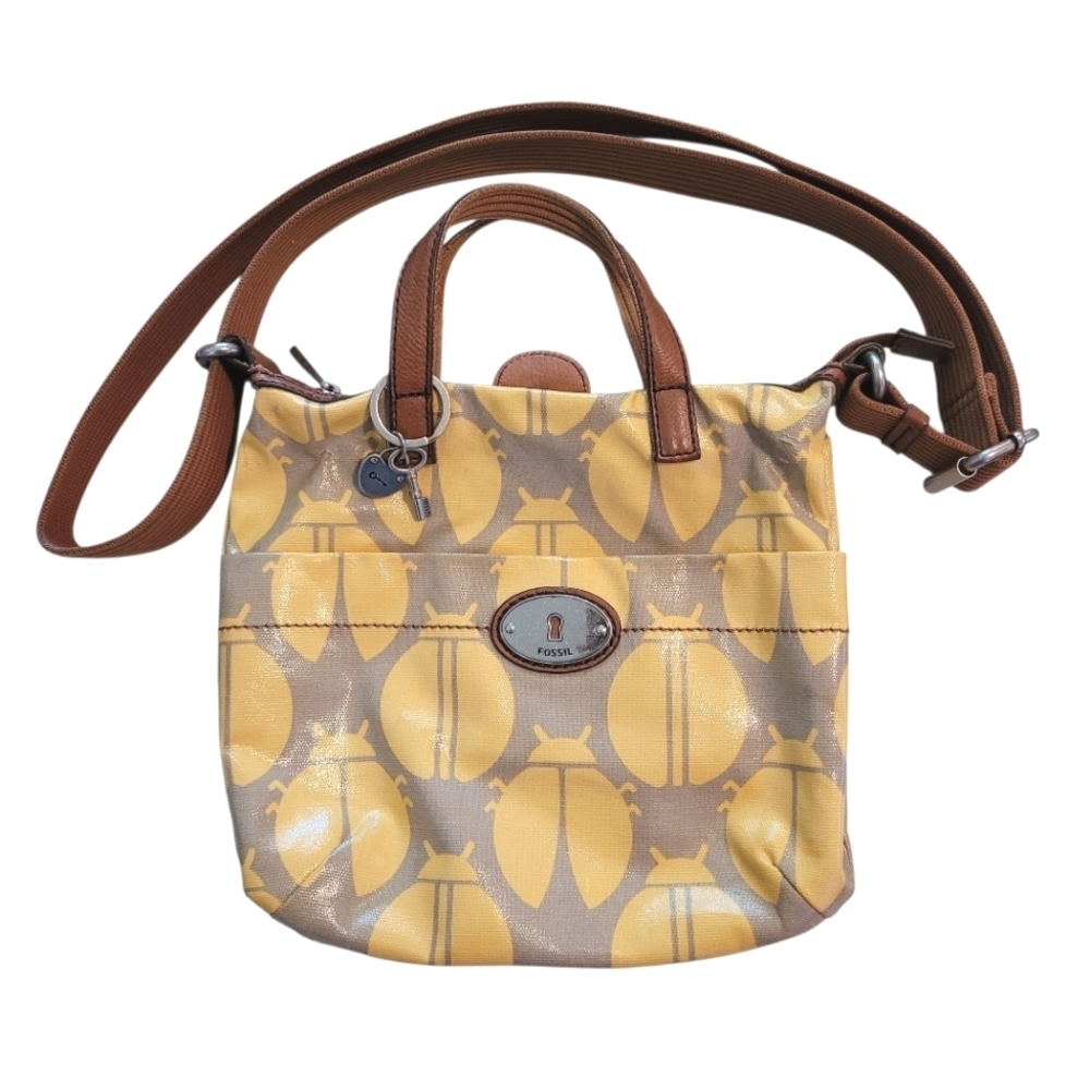 Fossil Key-Per Yellow Tan Ladybugs Coated Canvas Leather Top Handles Crossbody
